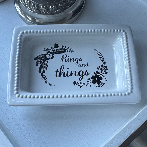 Other - Elegant White Ceramic Tray with Black Floral Accents
